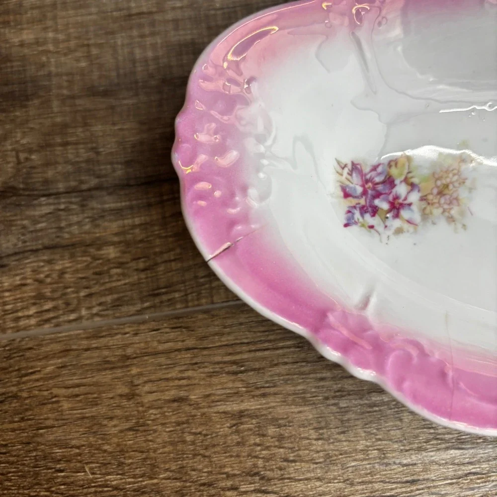 Vintage Pink Lusterware Floral Porcelain Plate‎ and Oval Platter Set 2pc, Spring